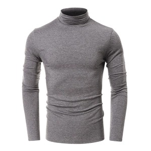Detail of grey men's high-neck gym t-shirt showing slim fit cut and elastic knit texture