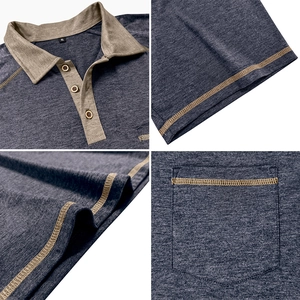 Close-up of contrast stitching on polo shirt collar, pocket and sleeve details