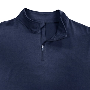 Detail of navy blue men's quarter-zip polo shirt with metallic zipper and stand collar