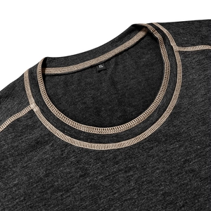 Detailed close-up of charcoal gray Henley shirt neckline with contrast brown stitching