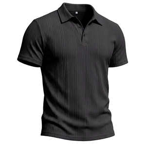 Detail of black polo shirt featuring a three-button placket and pleated vertical texture