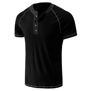 Detail of black Henley shirt with contrast stitching and three-button placket design