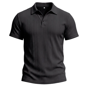 Detail of black ribbed fabric and classic three-button polo collar on a summer shirt
