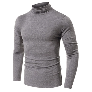 Detailed close-up of dark grey high-neck men's fitness t-shirt with fine knitted texture
