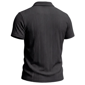 Macro detail of men's black short sleeve polo shirt with vertical ribbed fabric texture