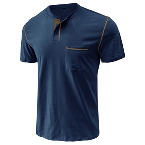 Detail of navy Henley shirt with contrasting tan stitching and three-button neckline