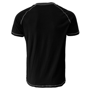 Rear view of black raglan sleeve Henley shirt with contrast grey stitching details