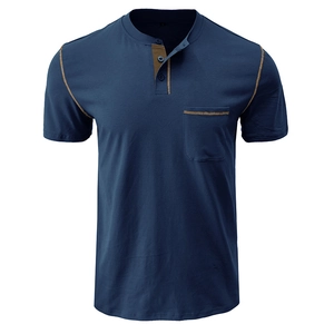 Detail of navy Henley shirt with contrast stitching and three-button neckline
