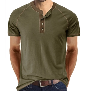 Men Casual Henley Shirt Short Sleeve Cotton Blend Top With Contrast Raglan Sleeves And Button Placket Daily Basic Tee