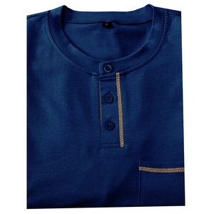 Detail of navy Henley shirt featuring contrast stitching on pocket and three-button placket
