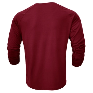 Back view of a classic burgundy long sleeve Henley T-shirt with comfortable raglan sleeves