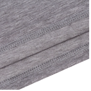 Close-up of double-needle stitching and grey melange texture on men's thermal T-shirt