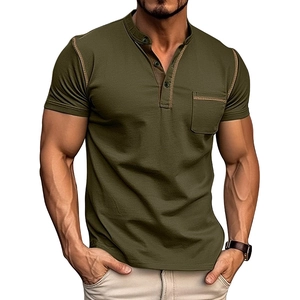 Close-up of olive green Henley shirt with contrast stitching and chest pocket detail