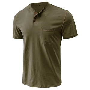 Detailed view of olive green Henley shirt with contrast stitching and chest pocket