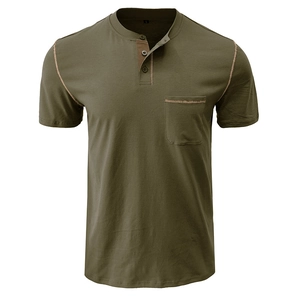 Detailed view of olive green Henley shirt with contrast stitching and chest pocket