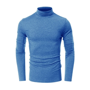 Detailed view of blue mock neck long sleeve shirt with premium elastic knit texture