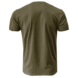 Detail shot of the reinforced shoulder stitching on this olive green cotton men's t-shirt