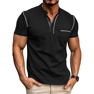 Detail of black Henley t-shirt with grey contrast stitching and front chest pocket