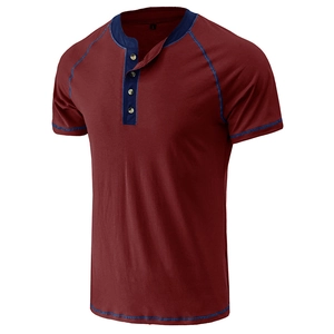 Detail view of burgundy Henley shirt with blue contrast stitching and three-button placket