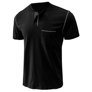 Detail of black Henley shirt showing contrast stitching and a single chest pocket