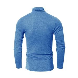 Macro view of blue men's high-neck fitness t-shirt showing fine knit texture and seams