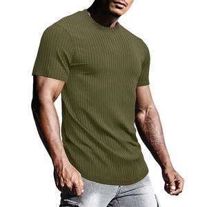 Close-up of olive green slim fit gym t-shirt showing detailed ribbed texture and crew neck