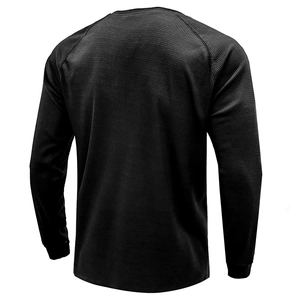 Back view detail of men's black waffle knit long sleeve T-shirt with raglan sleeves