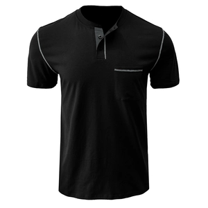 Detail of black Henley shirt neckline with three buttons and grey contrast stitching