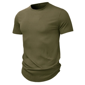 Detailed close-up of army green ribbed fabric and crew neck collar on men's sport t-shirt