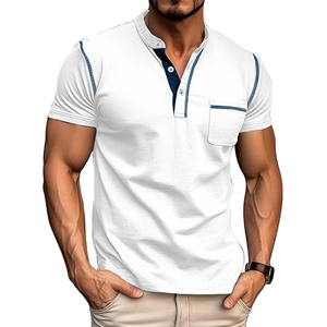 Detail of white Henley t-shirt featuring navy blue contrast trim on neck and chest pocket