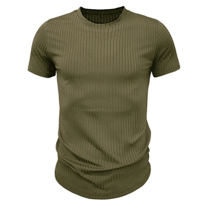 Close-up of olive green ribbed sport t-shirt showing elastic vertical texture and crew neck