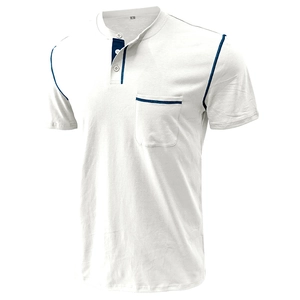 Detail of men's Henley shirt featuring navy blue contrast trim on pocket and collar