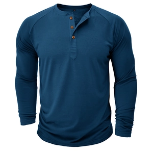 Men's slim fit long sleeve navy blue Henley shirt with classic three-button round neck