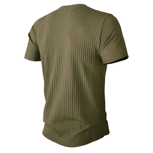 Detail view of army green ribbed texture and round neck on men's sport compression t-shirt