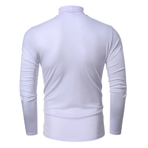 Rear view of white slim fit turtleneck sports top with high-stretch athletic fabric