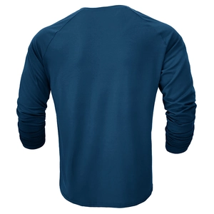 Men's navy blue long sleeve raglan t-shirt with crew neck shown from back view