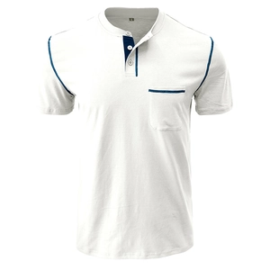 Detail of white cotton Henley shirt featuring navy blue contrast stitching and three buttons