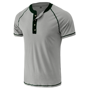 Detail of grey Henley shirt showing contrasting green stitching and three buttons