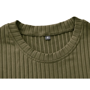 Detail of army green ribbed knit neckline and reinforced stitching on men's sport t-shirt