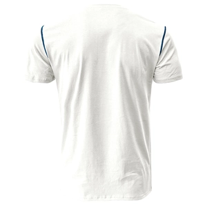 Rear view of white short-sleeve T-shirt with navy contrast stitching on shoulders