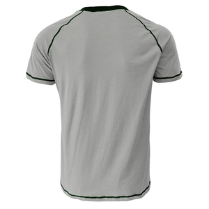 Detail view of grey short sleeve Henley T-shirt with contrast green stitching on the back