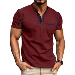 Macro shot of contrast stitching and button detail on a slim-fit Henley shirt pocket