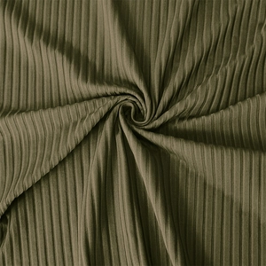 Close-up of olive green ribbed knit fabric showing soft vertical texture and elasticity