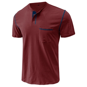 Detail of red men's Henley shirt featuring blue contrast stitching and a chest pocket