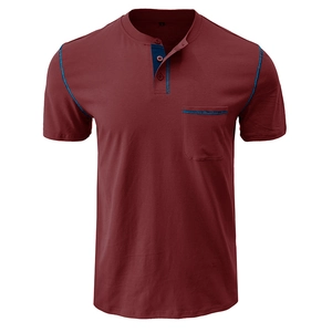 Close-up of burgundy Henley shirt showing buttoned neckline and pocket with blue contrast stitching