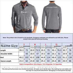 Tableau des tailles pour polo homme à manches longues avec mesures du S au XXL