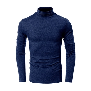 Detail of navy blue slim fit turtle neck long sleeve tee with knitted texture and high collar