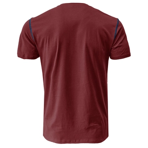 Detail view of burgundy men's t-shirt back with contrasting blue shoulder stitching