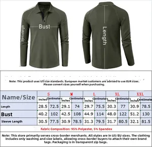 Size chart for men's long sleeve waffle polo shirt with measurements in inches and cm