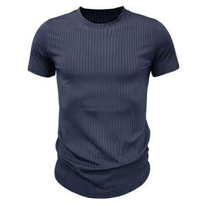 Men's athletic slim fit t-shirt in dark blue-grey rib-knit fabric with crew neck